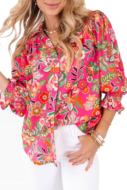 Pink Floral Print Puff Sleeve Shirred Cuffs Boho Shirt