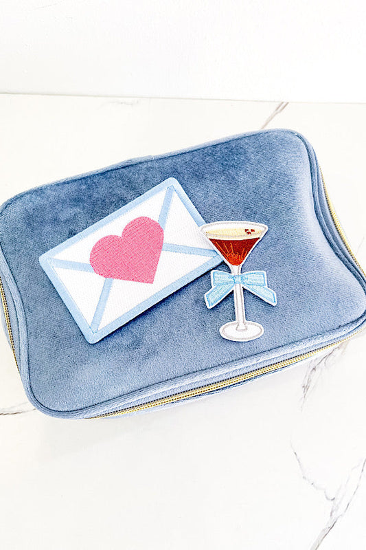 Blue Velvet Make-Up Bag with Patches
