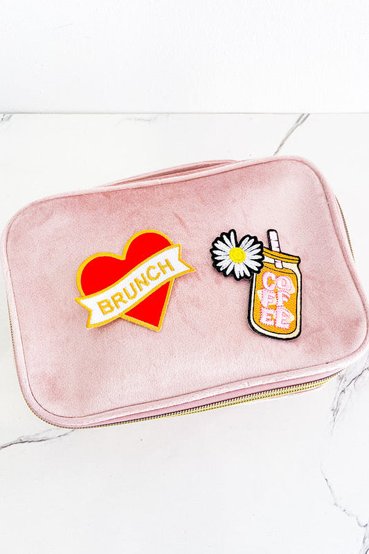 Pink Velvet Make-Up Bag with Patches