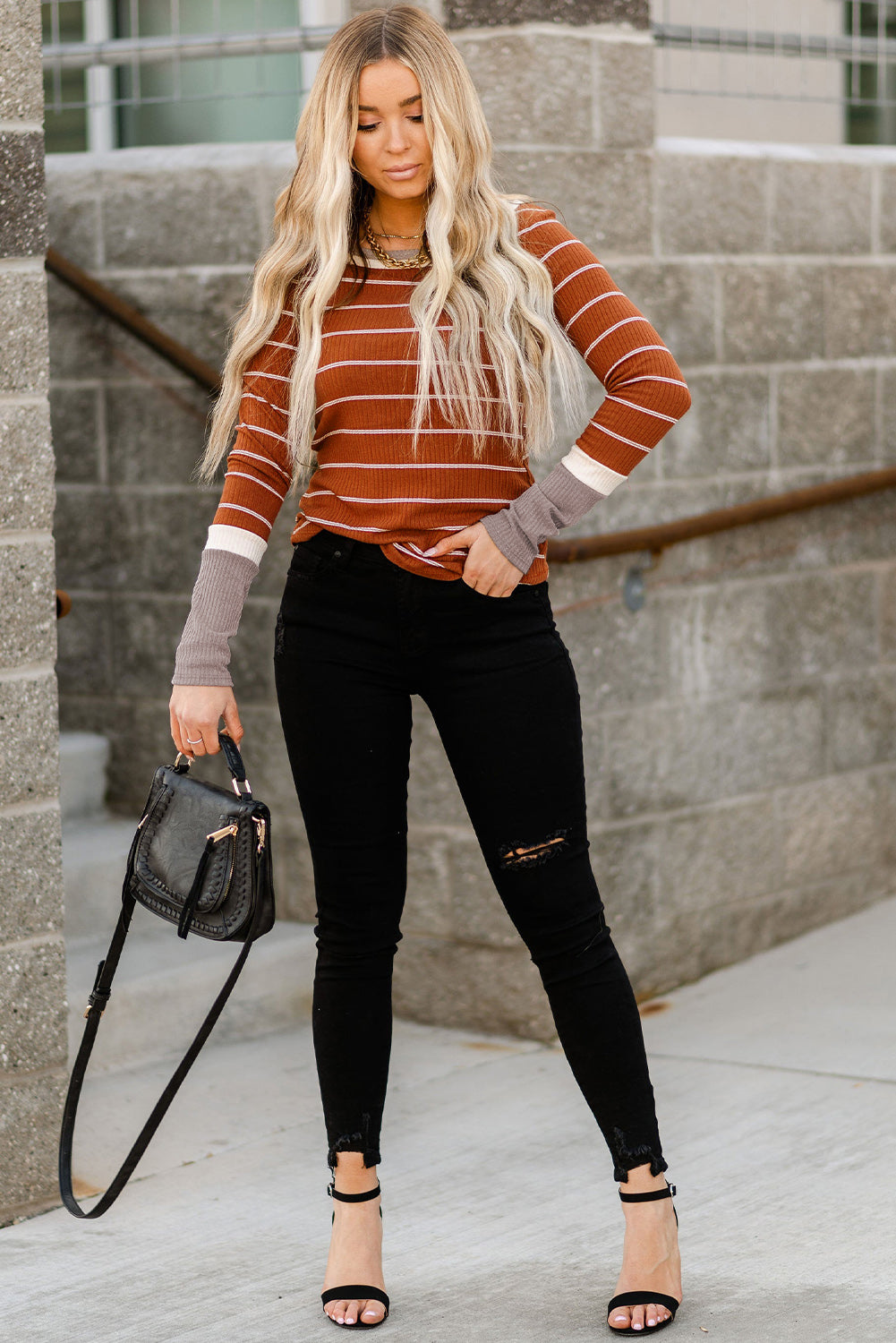 Brown Contrast Spliced Color Block Cuffs Rib Knit Top