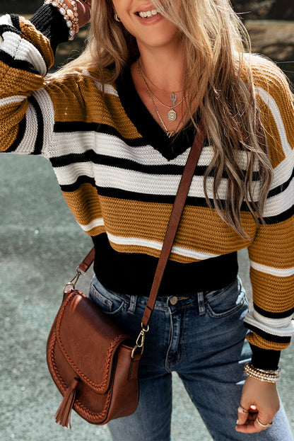 Bold Stripes Meet Comfort: Brown Colorblock V-Neck Sweater