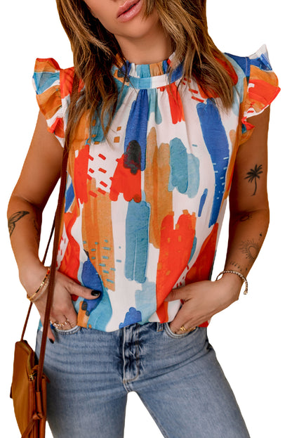 Multicolor Abstract Print Ruffled Sleeveless Blouse for Women