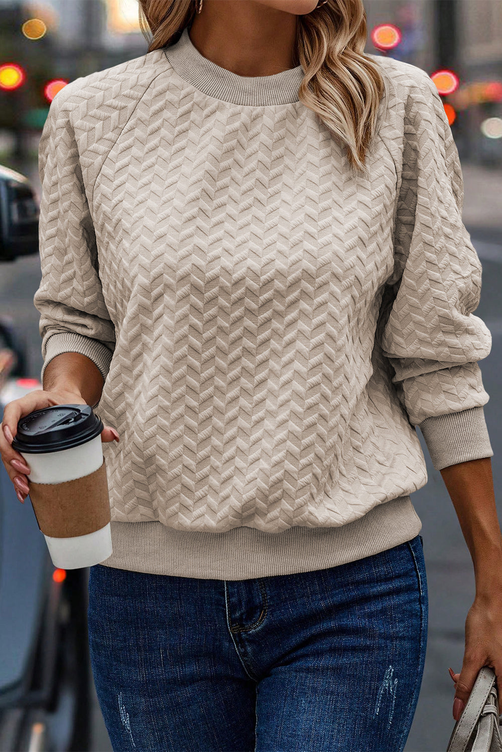 Beige Solid Color Raglan Sleeve Pullover Sweatshirt