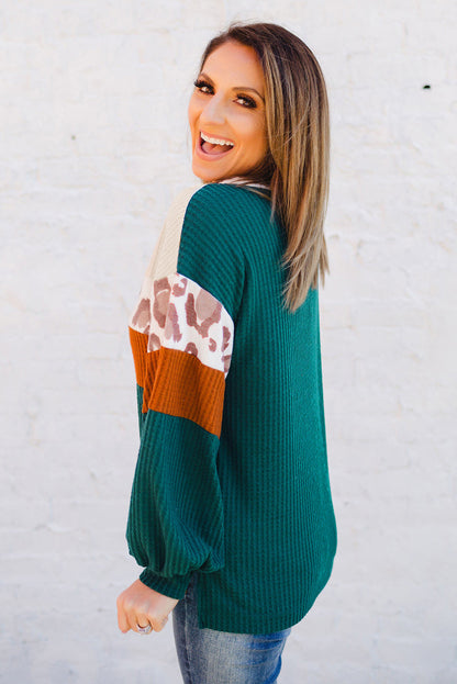 Green Leopard Color Block Casual Waffle Knit Top