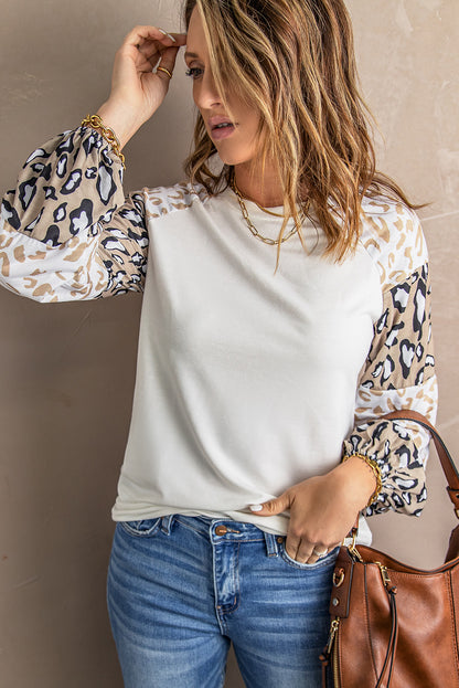 Ivory Cheetah Print Lantern Sleeve Crew Neck Raglan Shirt