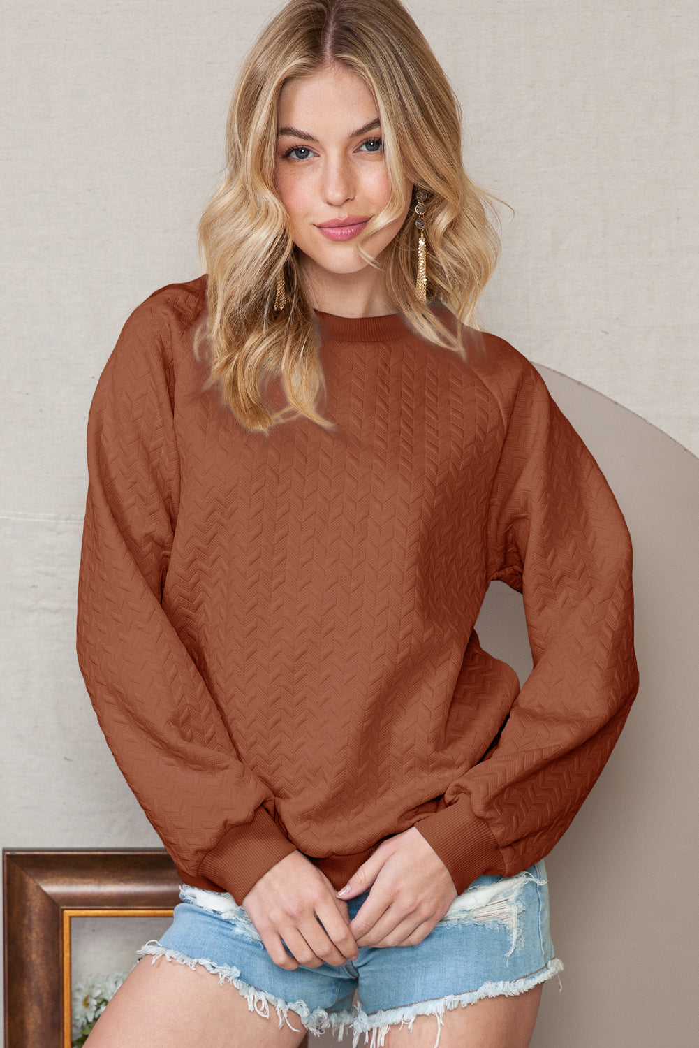 Beige Solid Color Raglan Sleeve Pullover Sweatshirt