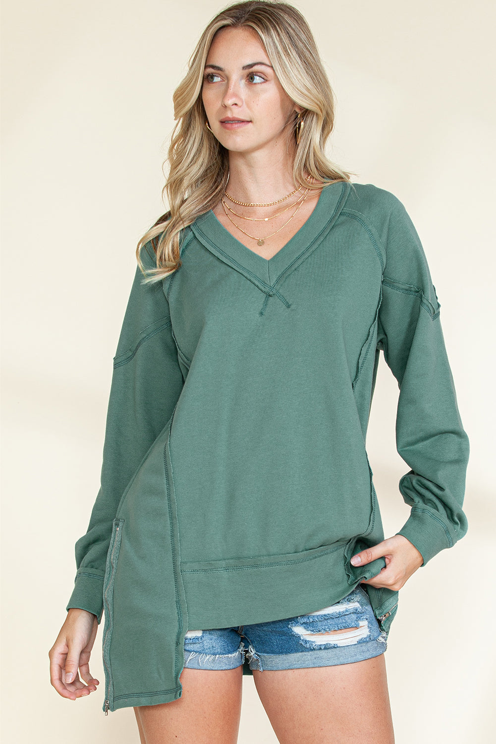 Green Stitching Seam Split V Neck Sweatshirt