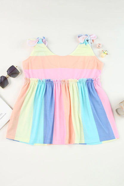Multicolor Striped Print Tied Shoulder Flowy Sleeveless Shirt