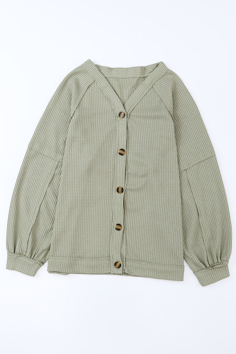 Khaki Exposed Seam Button Front Waffle Knit Cardigan