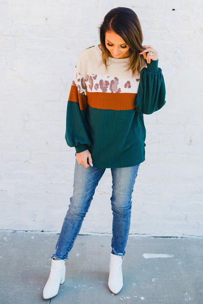 Green Leopard Color Block Casual Waffle Knit Top