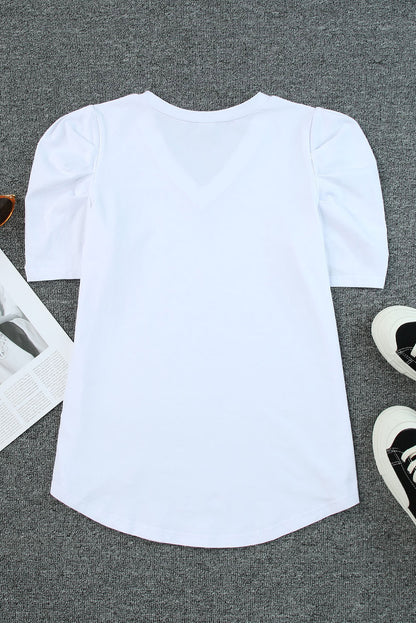 White Puff Sleeve Casual V Neck T-Shirt