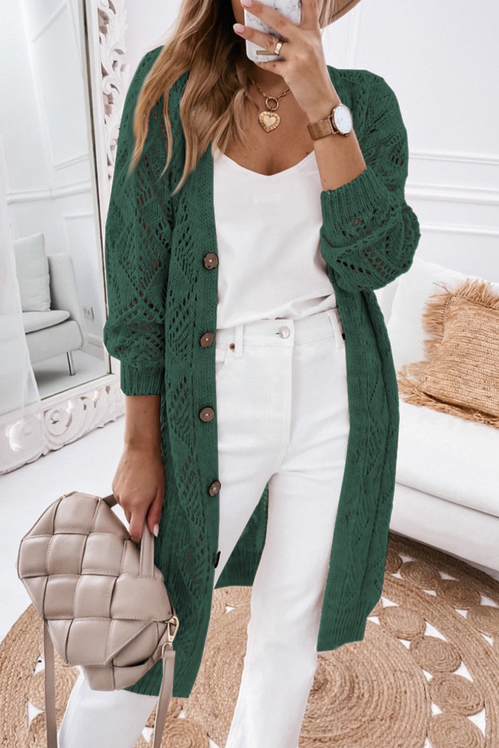 Khaki Button Up Hollow Out Loose Long Cardigan