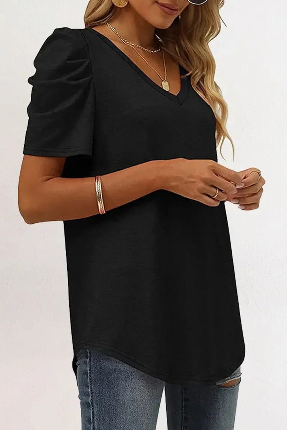 White Puff Sleeve Casual V Neck T-Shirt