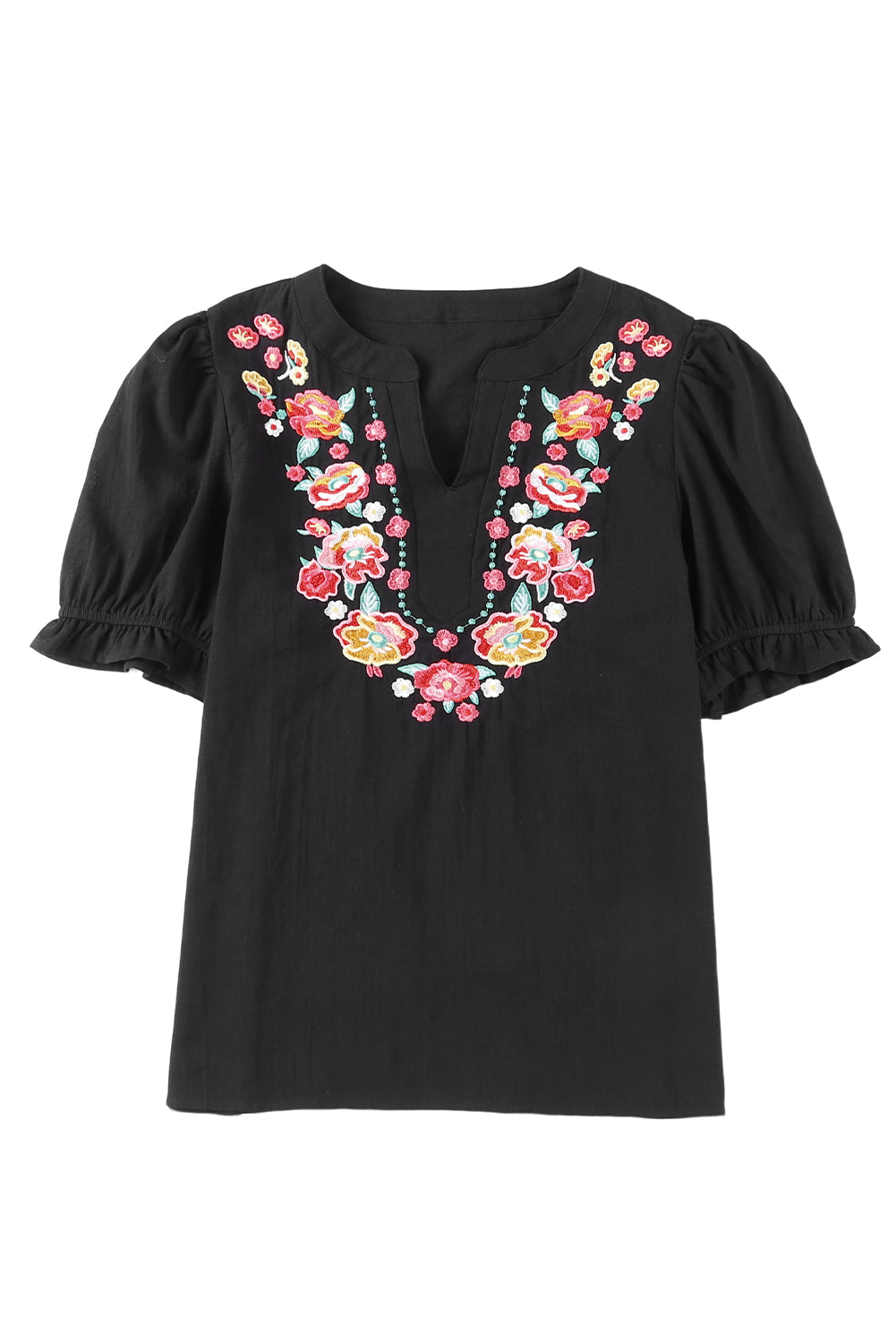 Black Floral Embroidered Boho Ruffle Puff Sleeve Blouse