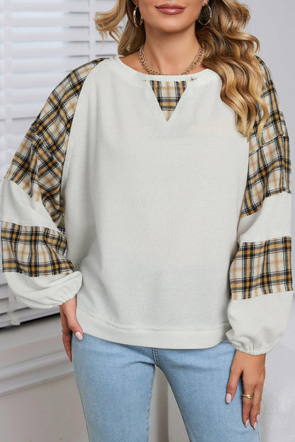 White Plaid Patch Waffle Knit Long Sleeve Top