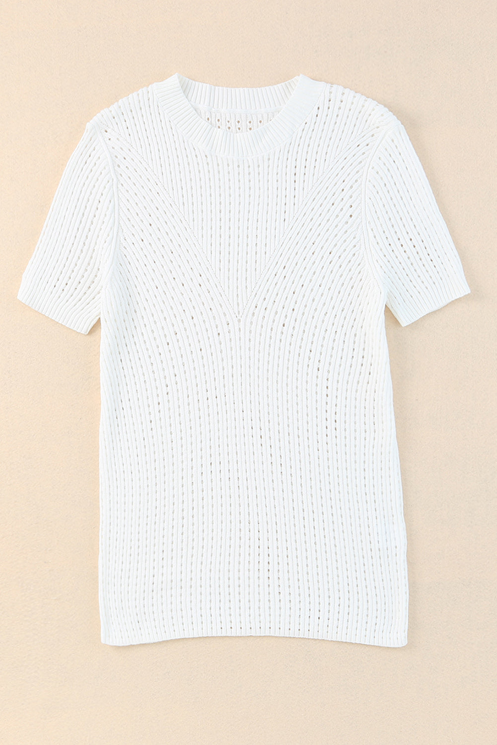 White Hollow Out Crewneck Short Sleeve Knitted Top