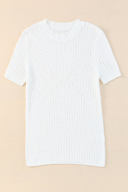 White Hollow Out Crewneck Short Sleeve Knitted Top