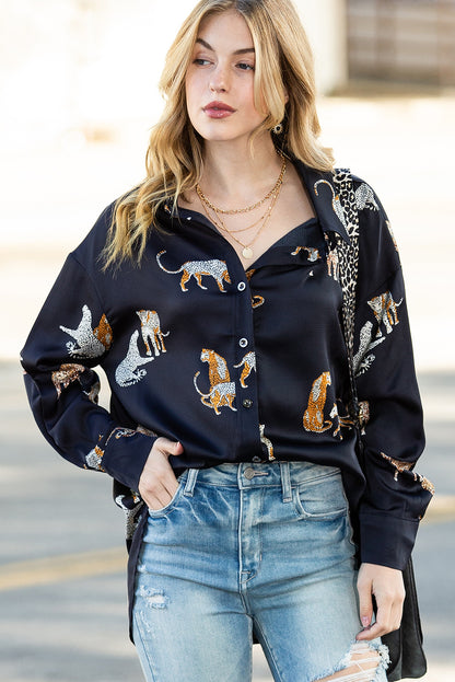 Black Animal Print Button Up Satin Shirt