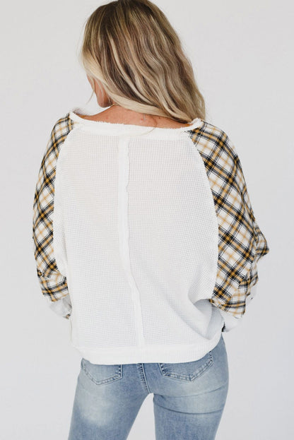 White Plaid Patch Waffle Knit Long Sleeve Top