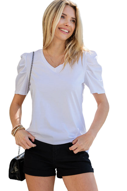 White Puff Sleeve Casual V Neck T-Shirt