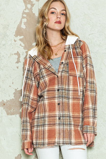 Multicolor Plaid Puff Sleeve Hooded Patchwork Shacket