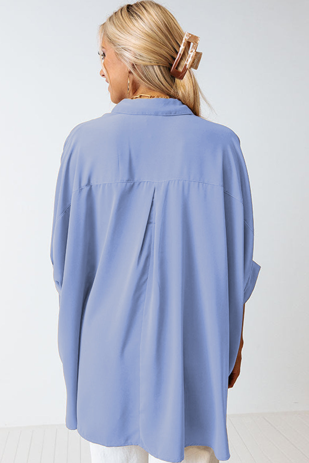 Sky Blue Plain 3/4 Batwing Sleeve Oversize Button Up Shirt