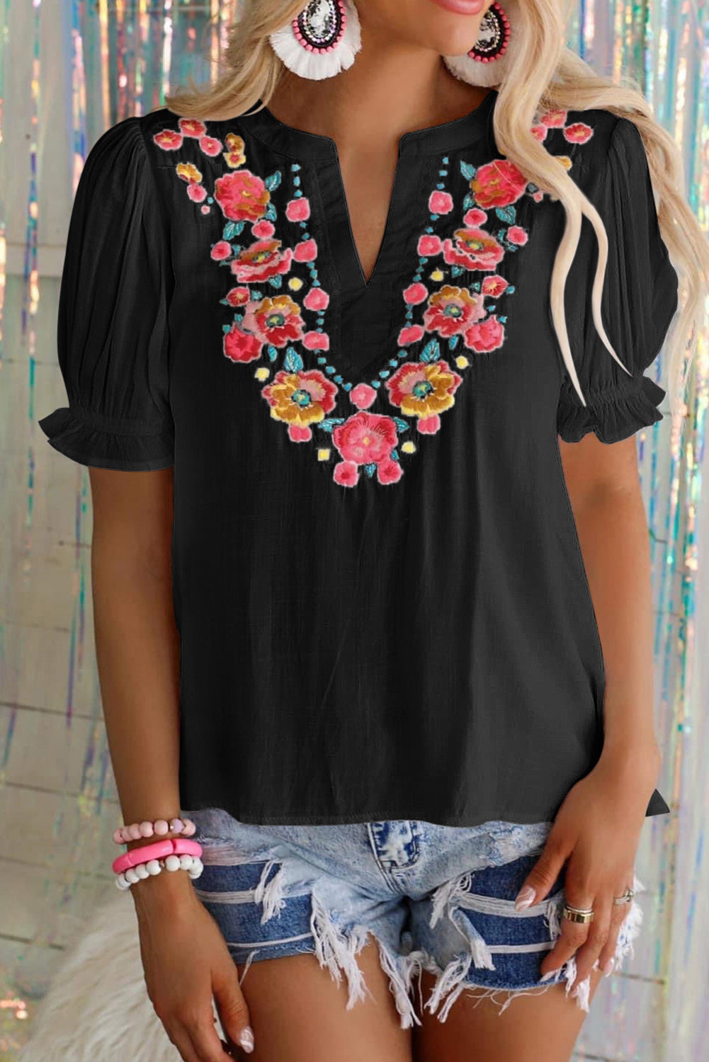 Black Floral Embroidered Boho Ruffle Puff Sleeve Blouse