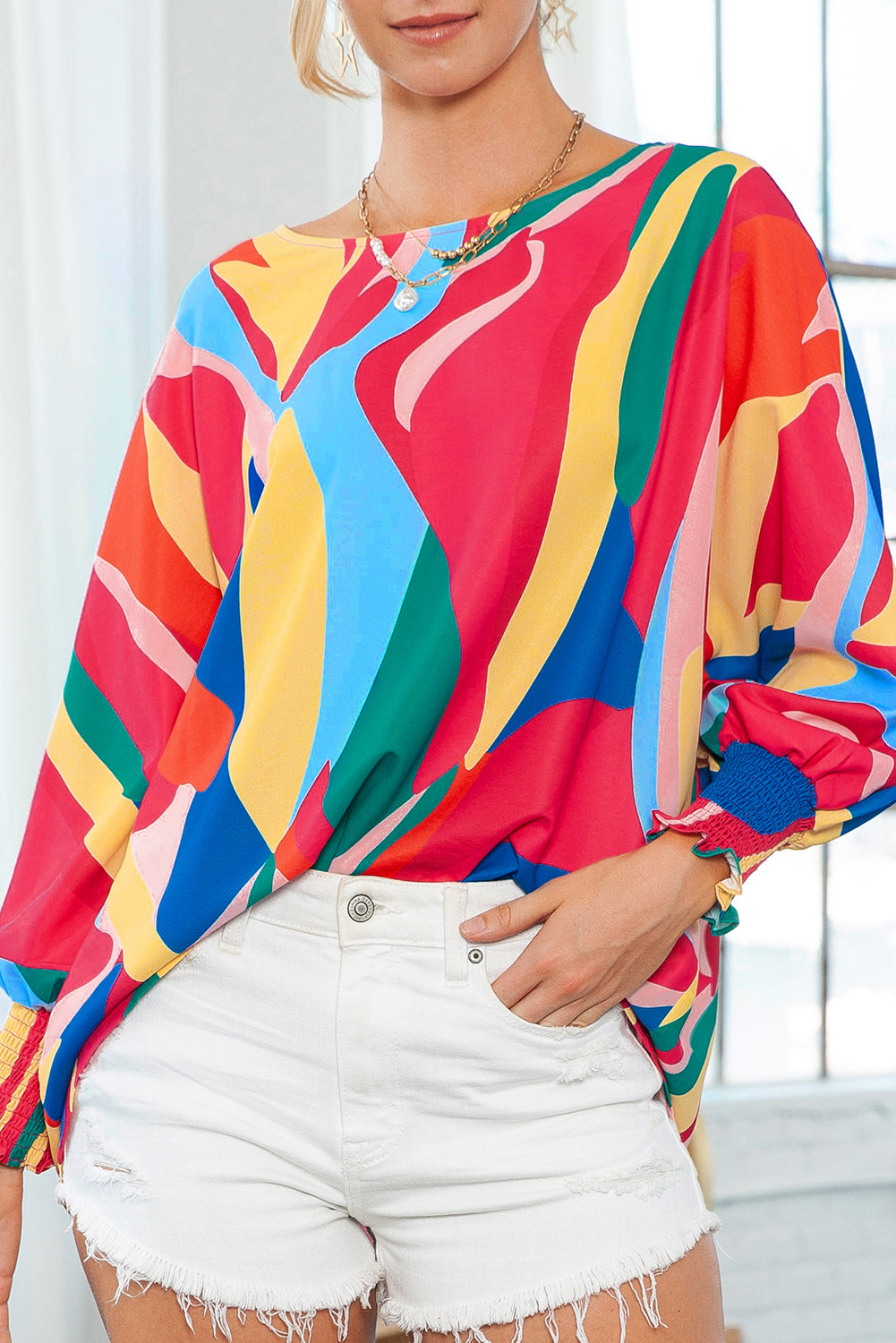 Multicolor Abstract Print Smocked Cuffs 3/4 Sleeve Blouse