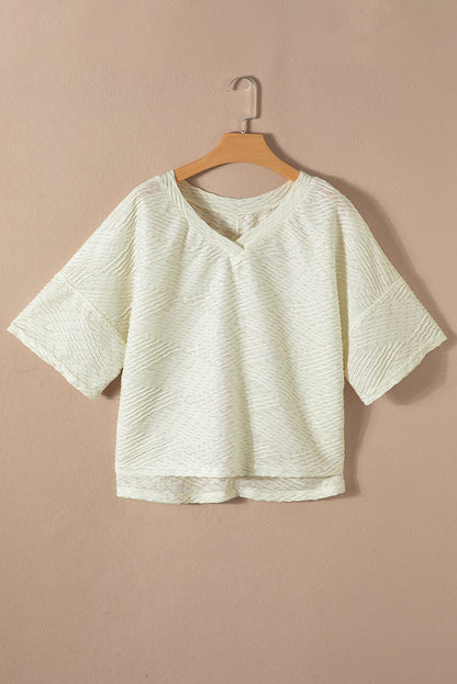 Beige Textured V Neck Split Hem T Shirt