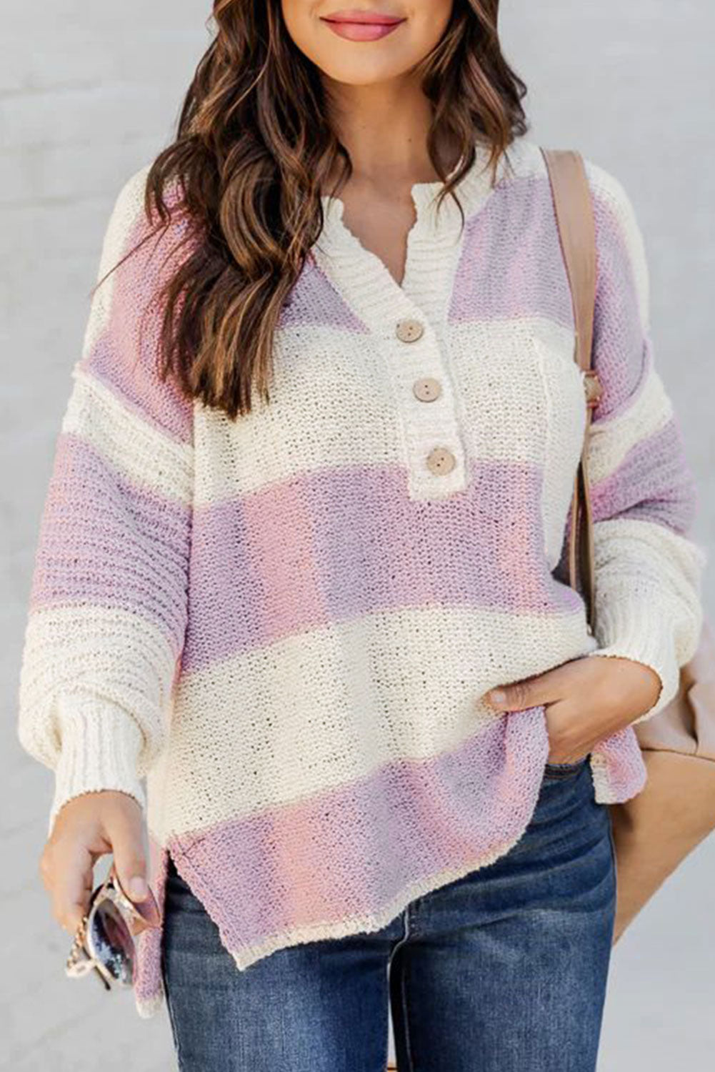 Pink Striped Long Sleeve Henley Knit Sweater with Slits
