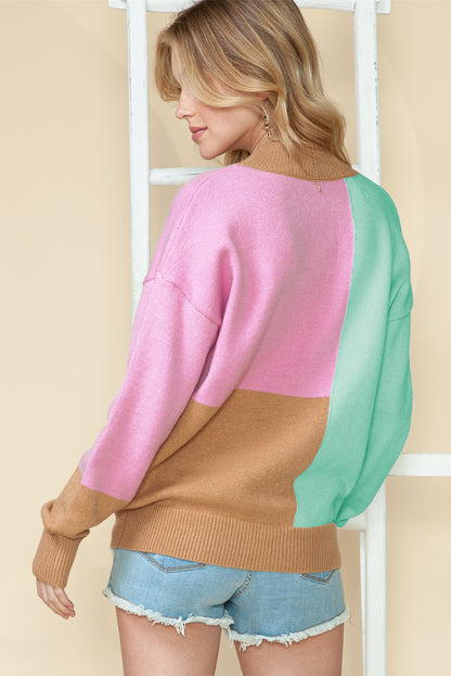 Multicolour Colorblock Mock Neck Ribbed Trim Sweater