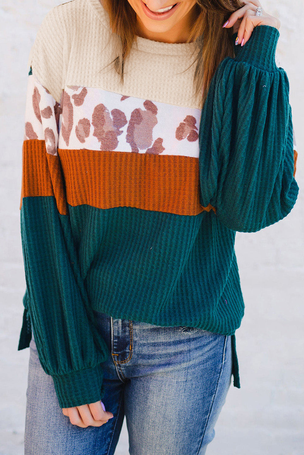 Green Leopard Color Block Casual Waffle Knit Top