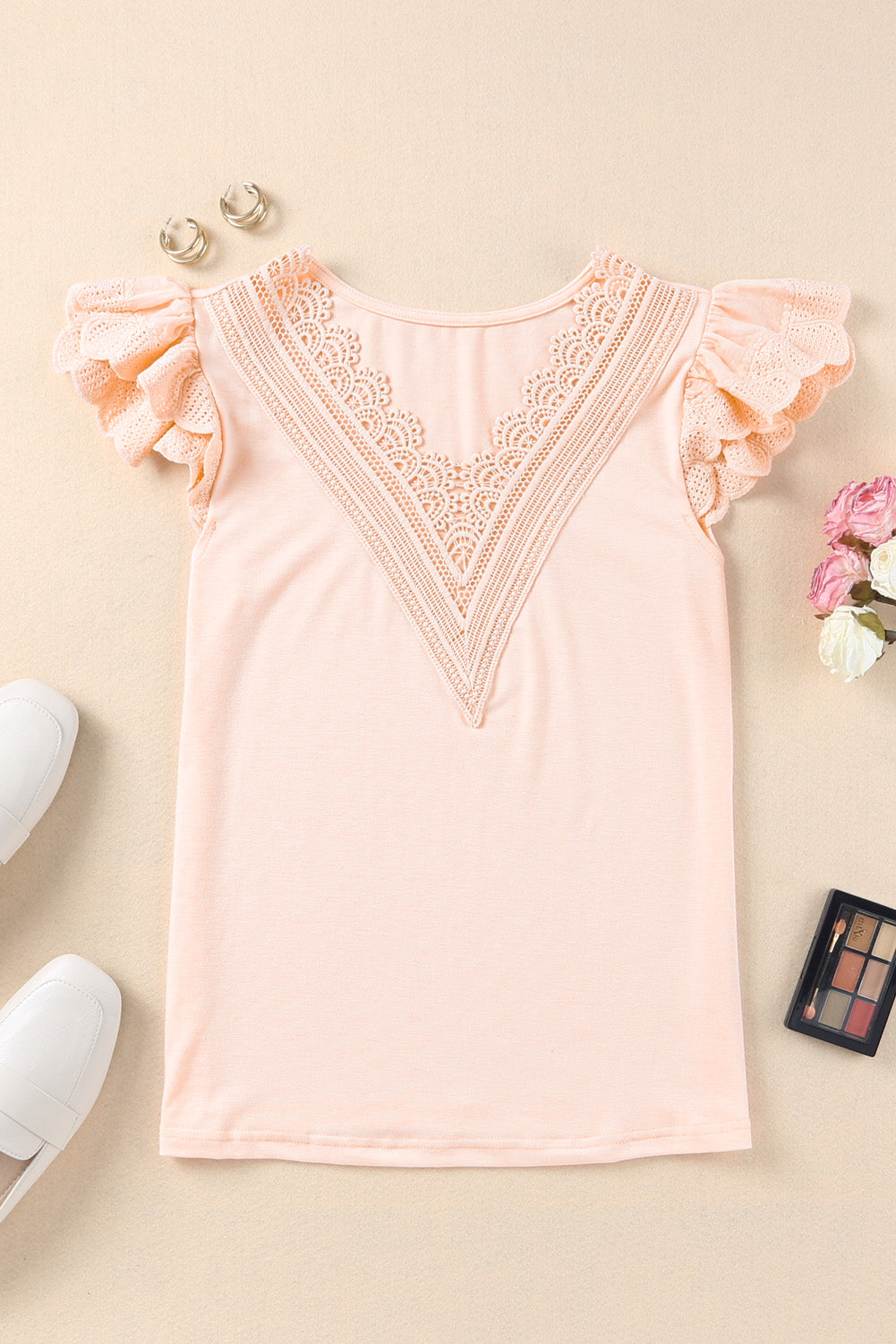 Pink Elegant Lace Patchwork Scalloped Neck Summer Top