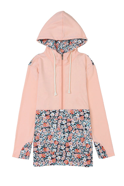 Pink Casual Daisy Print Colorblock Half Zip Hoodie