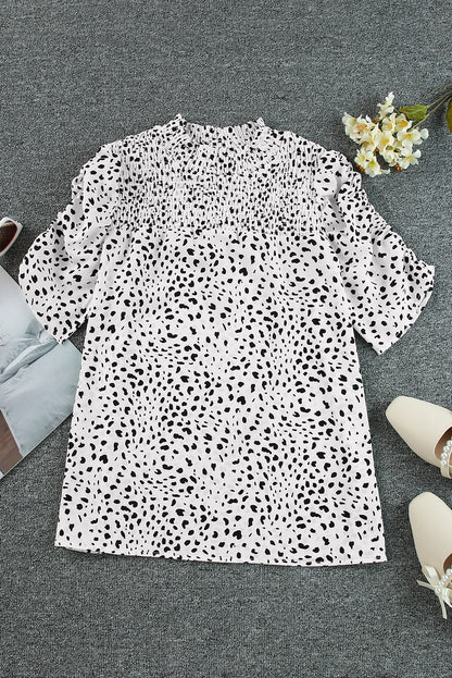 White Leopard Smocked Casual Bubble Sleeve Blouse