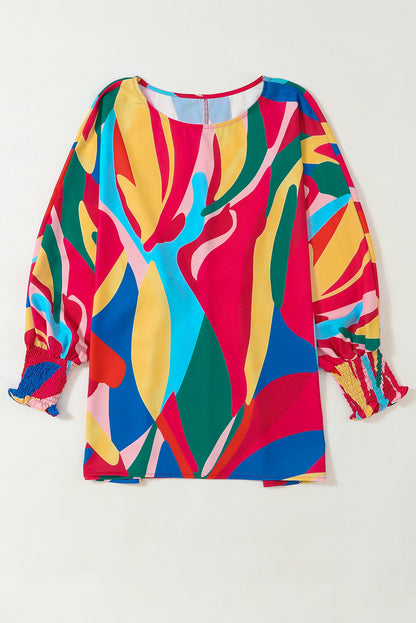 Multicolor Abstract Print Smocked Cuffs 3/4 Sleeve Blouse