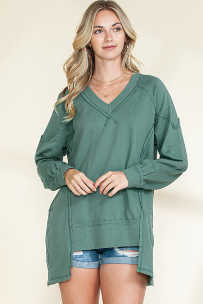 Green Stitching Seam Split V Neck Sweatshirt