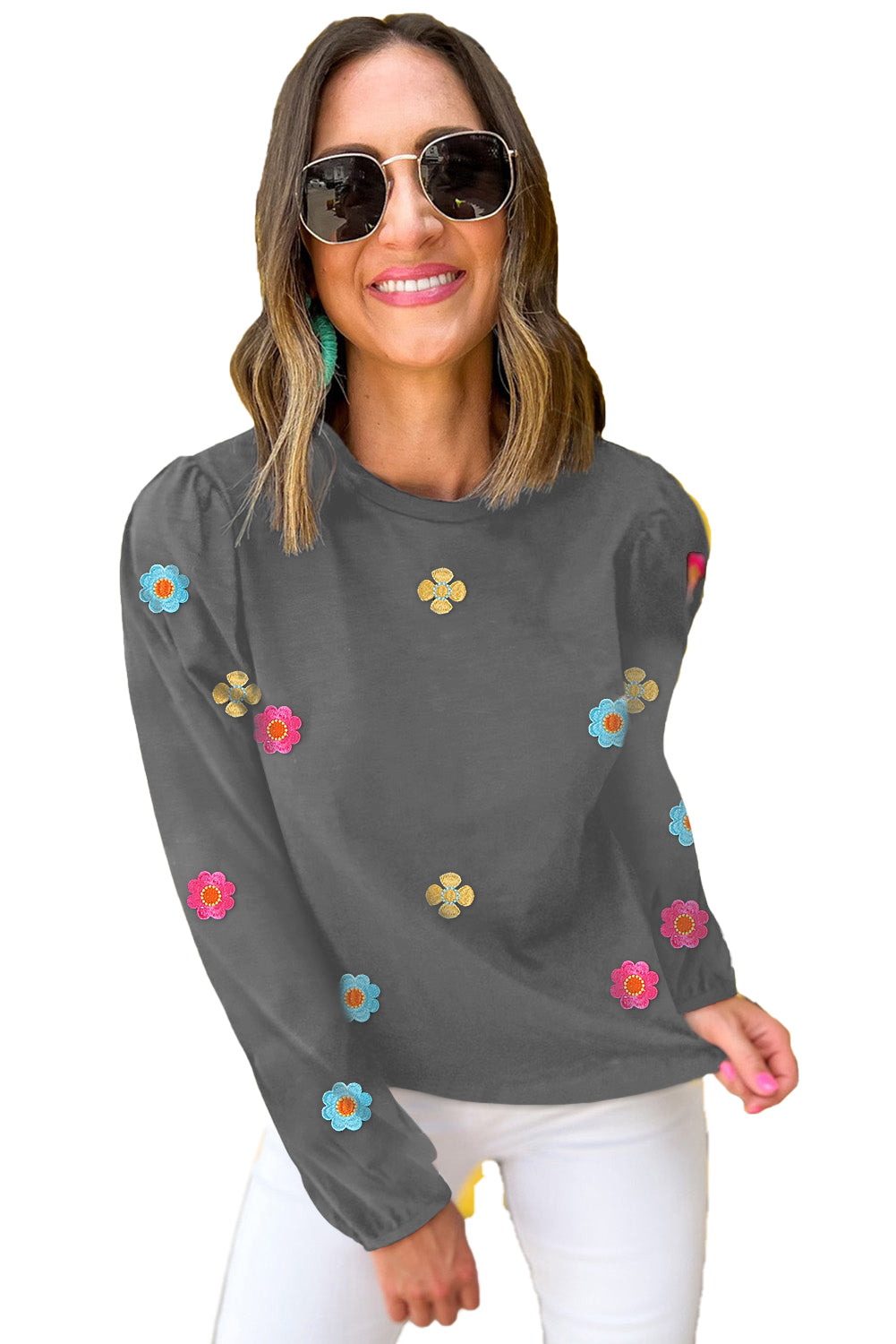 Grey Floral Embroidered Puff Sleeve Top