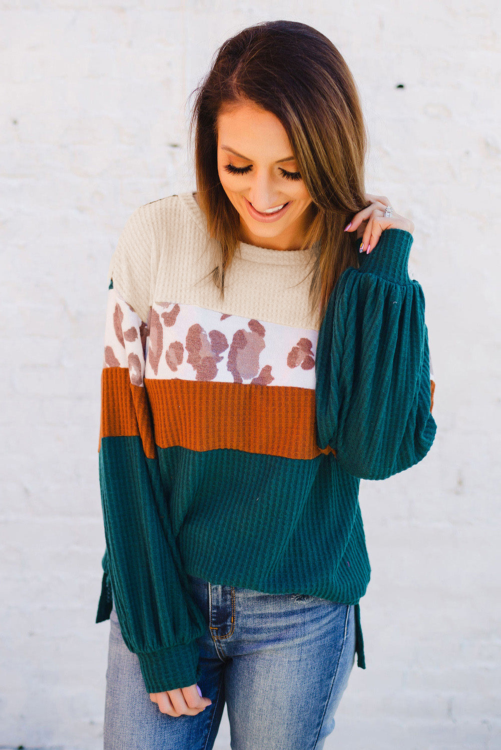 Green Leopard Color Block Casual Waffle Knit Top