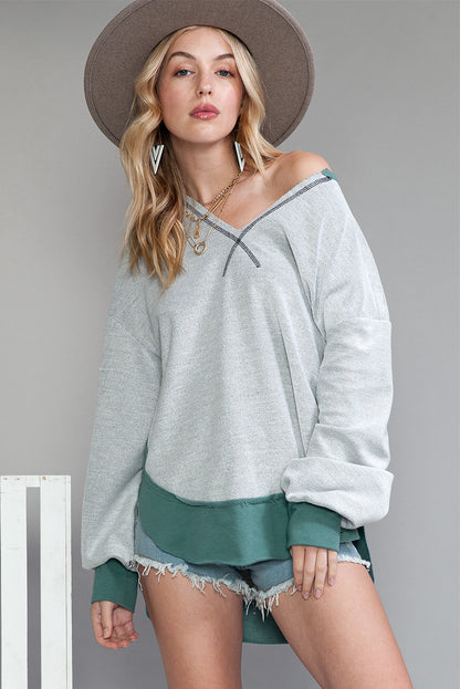 Swamp Contrast Trim V Neck Loose Fit Sweatshirt