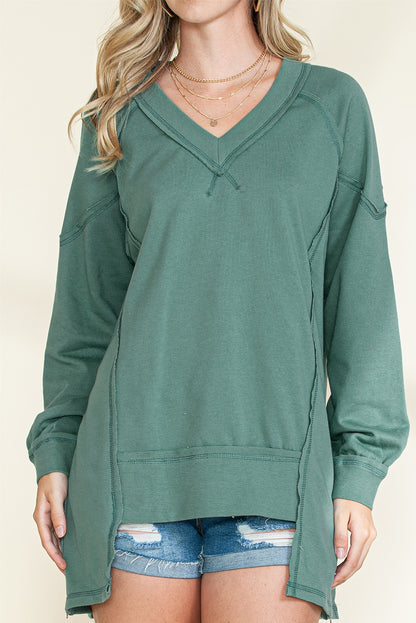 Green Stitching Seam Split V Neck Sweatshirt