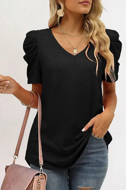 White Puff Sleeve Casual V Neck T-Shirt