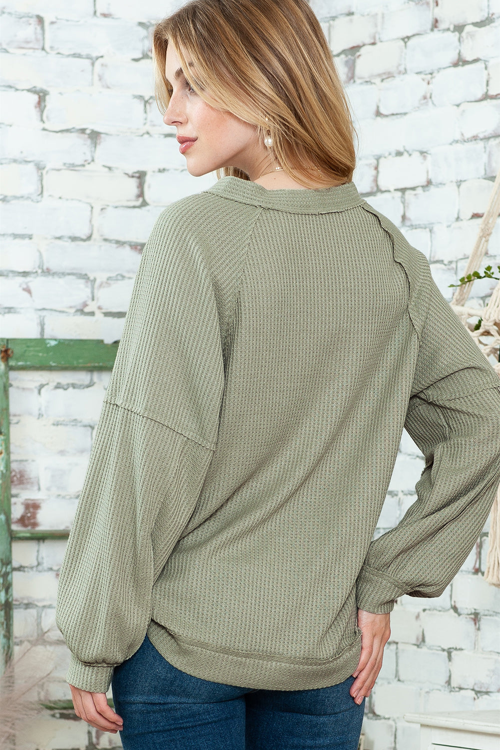 Khaki Exposed Seam Button Front Waffle Knit Cardigan