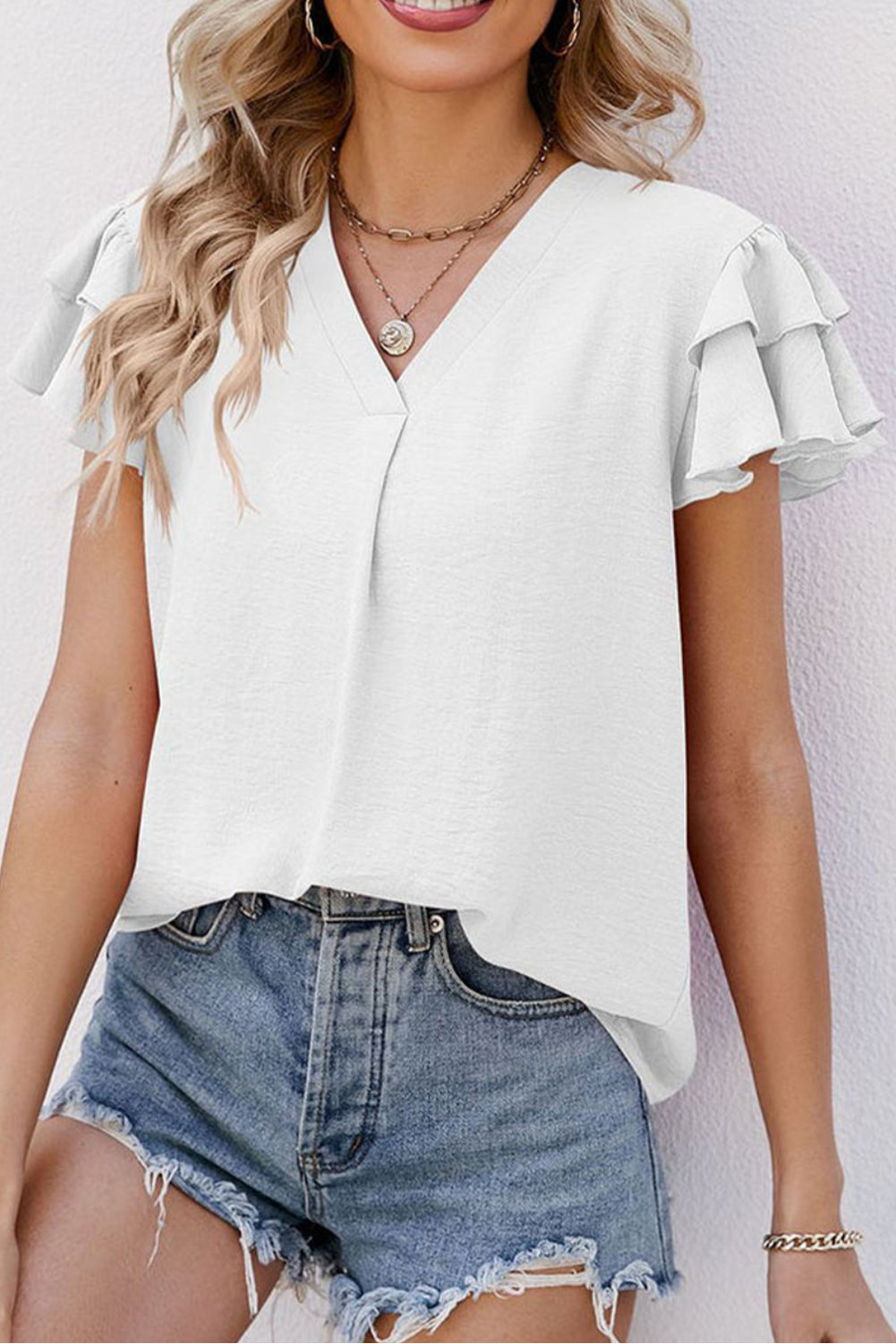 White V Neck Ruffle Short Sleeve Blouse