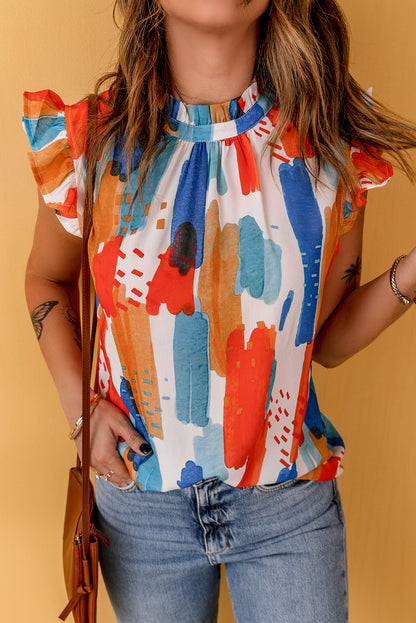 Multicolor Abstract Print Ruffled Sleeveless Blouse for Women