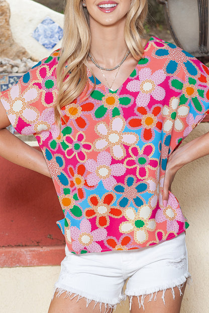 Pink Abstract Print V Neck Short Sleeve Dolman Blouse