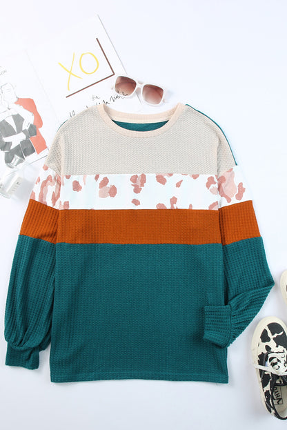 Green Leopard Color Block Casual Waffle Knit Top