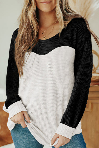 Black and White Color Block Waffle Knit Pullover