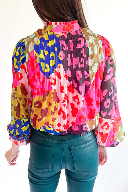 Rose Leopard Color Block Puff Sleeve Crinkle Blouse