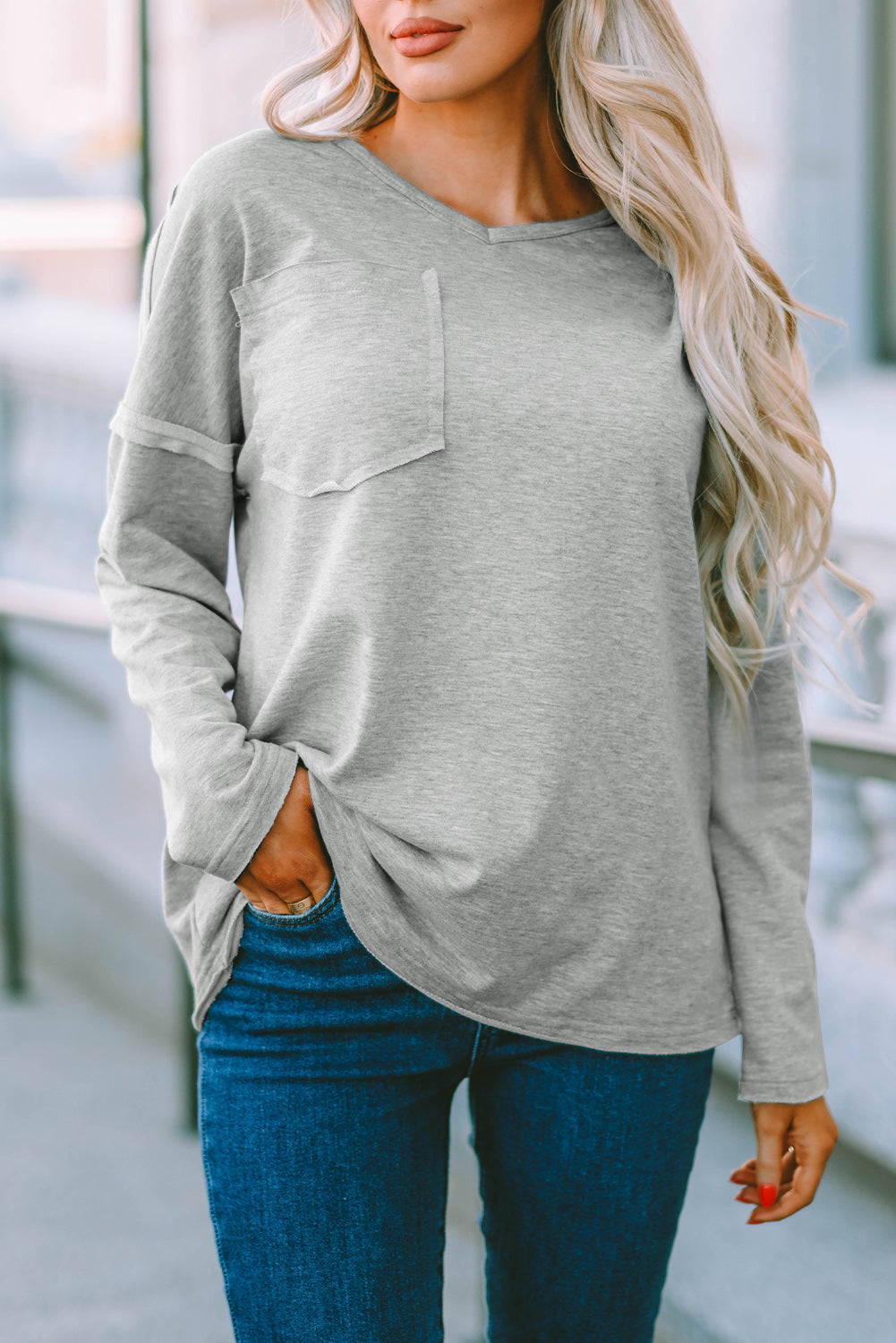 Grey V Neck Exposed Seam Drop Shoulder Long Sleeve Top